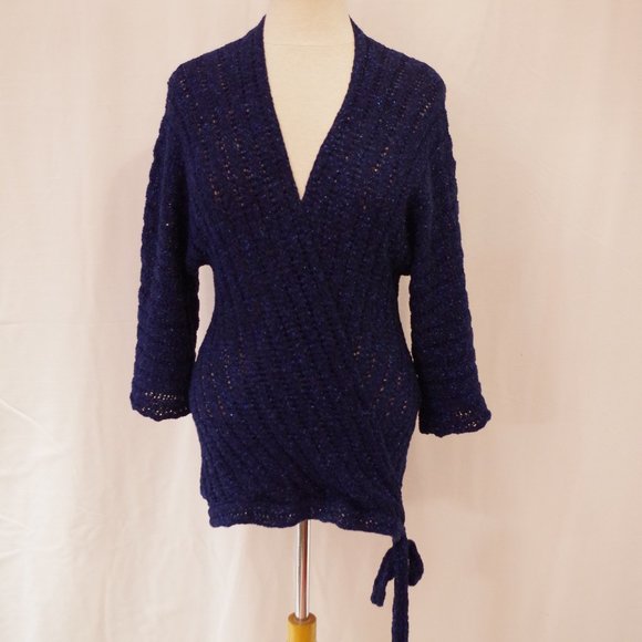 Bebe "Caspian Blue" Metallic Knit Faux Wrap Sweater- Sz. Sm - Picture 2 of 8